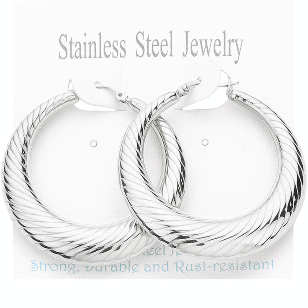 Madeline Love Rhodium Stainless Steel Textured Hoop Pin Catch Earrings
