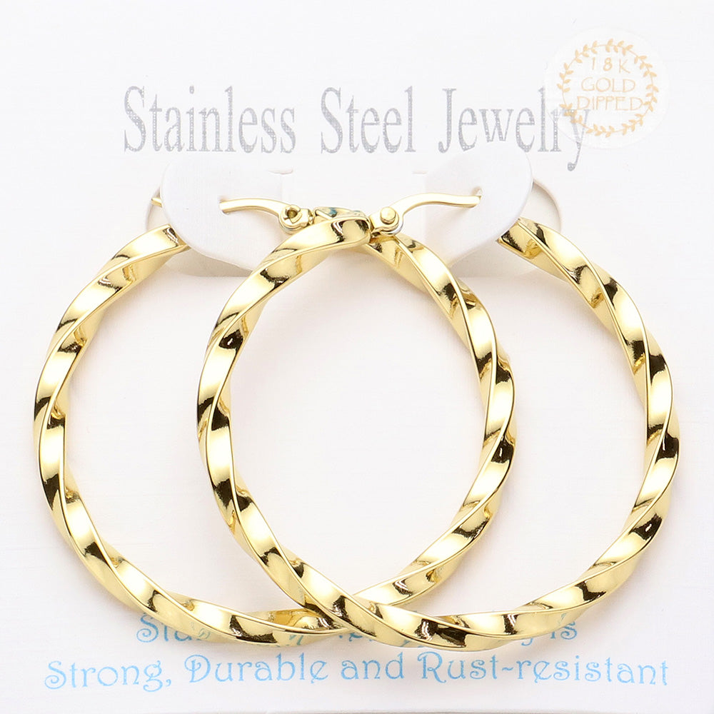 Madeline Love Gold Twisted Stainless Steel Pin Catch Hoop Earrings