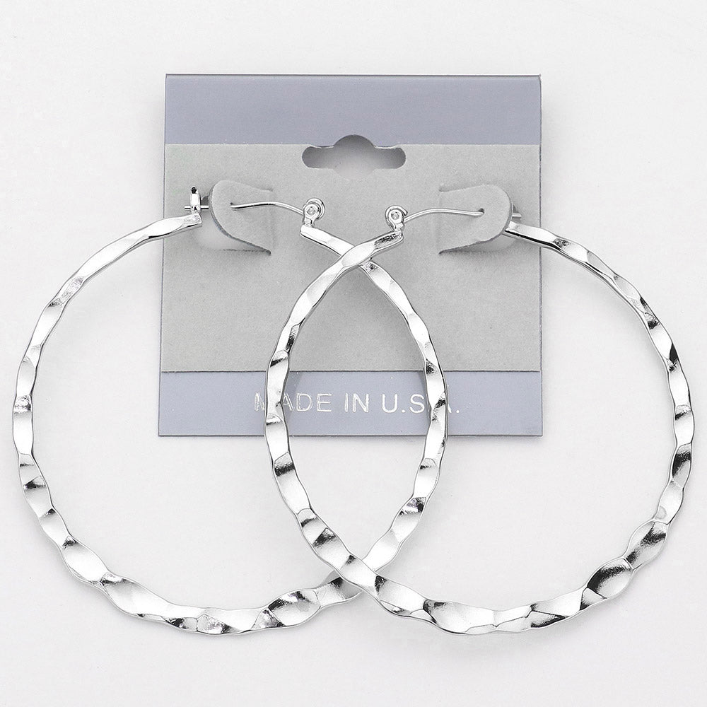 Madeline Love Rhodium Hammered Metal Pin Catch Hoop Earrings