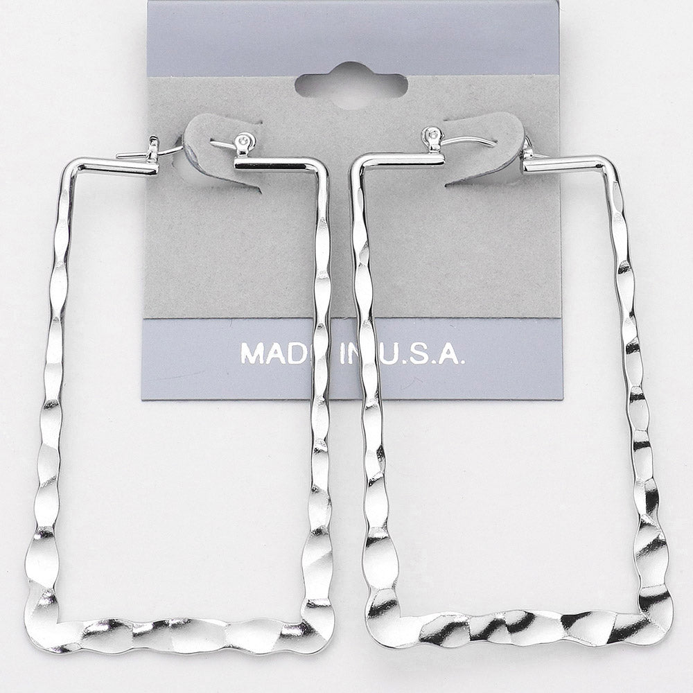 Madeline Love Rhodium Textured Metal Rectangle Pin Catch Hoop Earrings