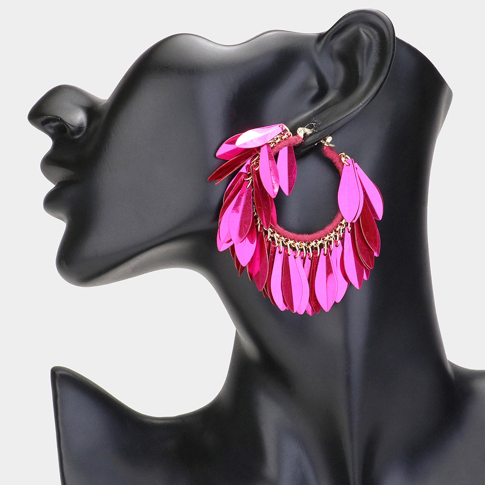 Madeline Love Fuchsia Sequin Fringe Hoop Pin Catch Earrings