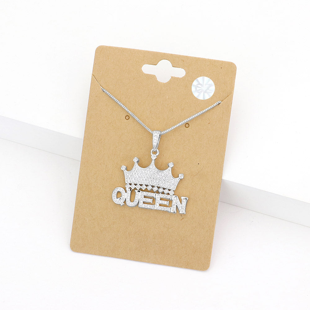 Madeline Love Rhodium CZ Queen Message Crown Pendant Necklace - Jewelry