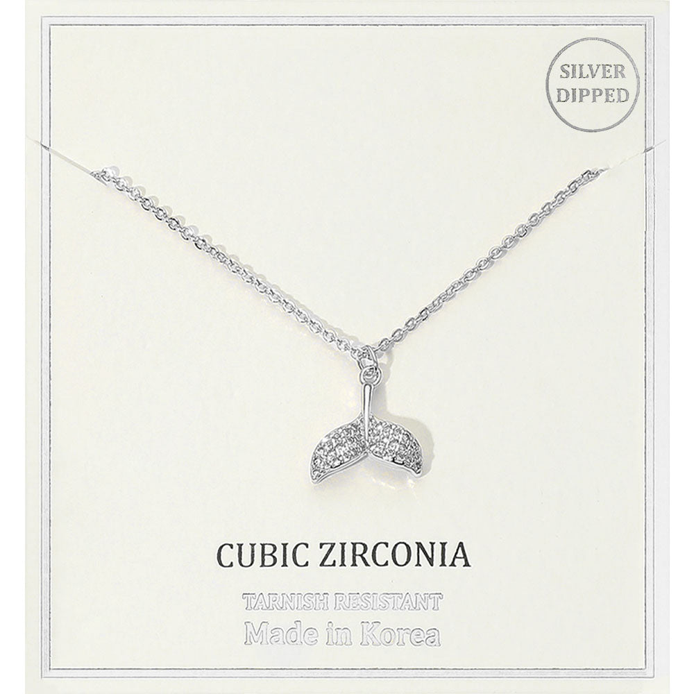 Madeline Love Clear, Rhodium Silver Dipped CZ Stone Paved Whale Tale Pendant Necklace - Jewelry