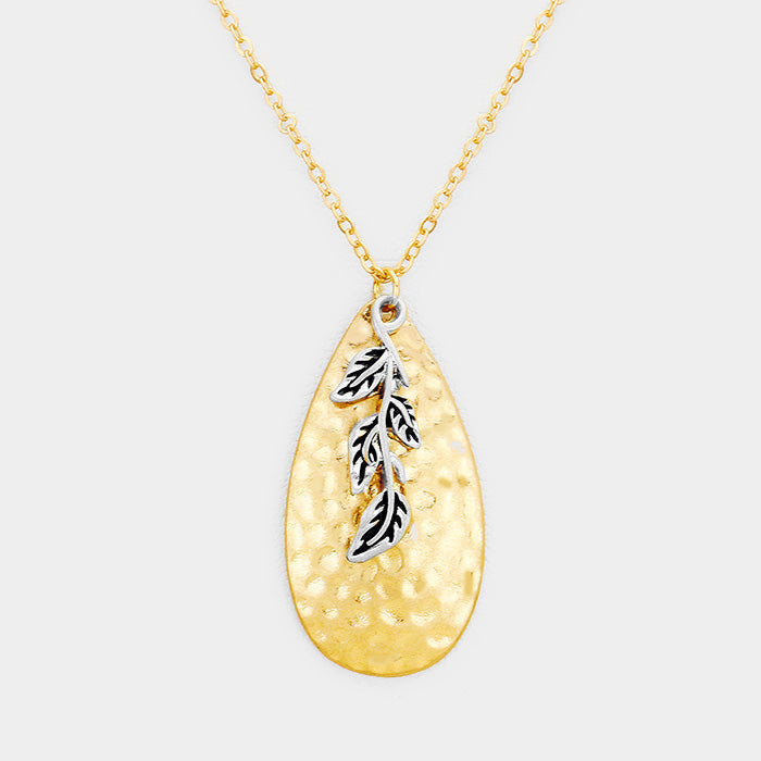 Madeline Love Gold, Rhodium Hammered Teardrop Leaf Charm Pendant Necklace - Necklaces