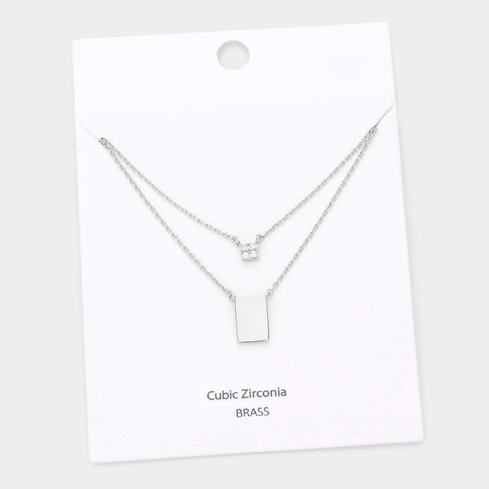 Madeline Love Rhodium CZ Embellished Square Brass Metal Rectangle Pendant Double Layered Necklace - Necklaces