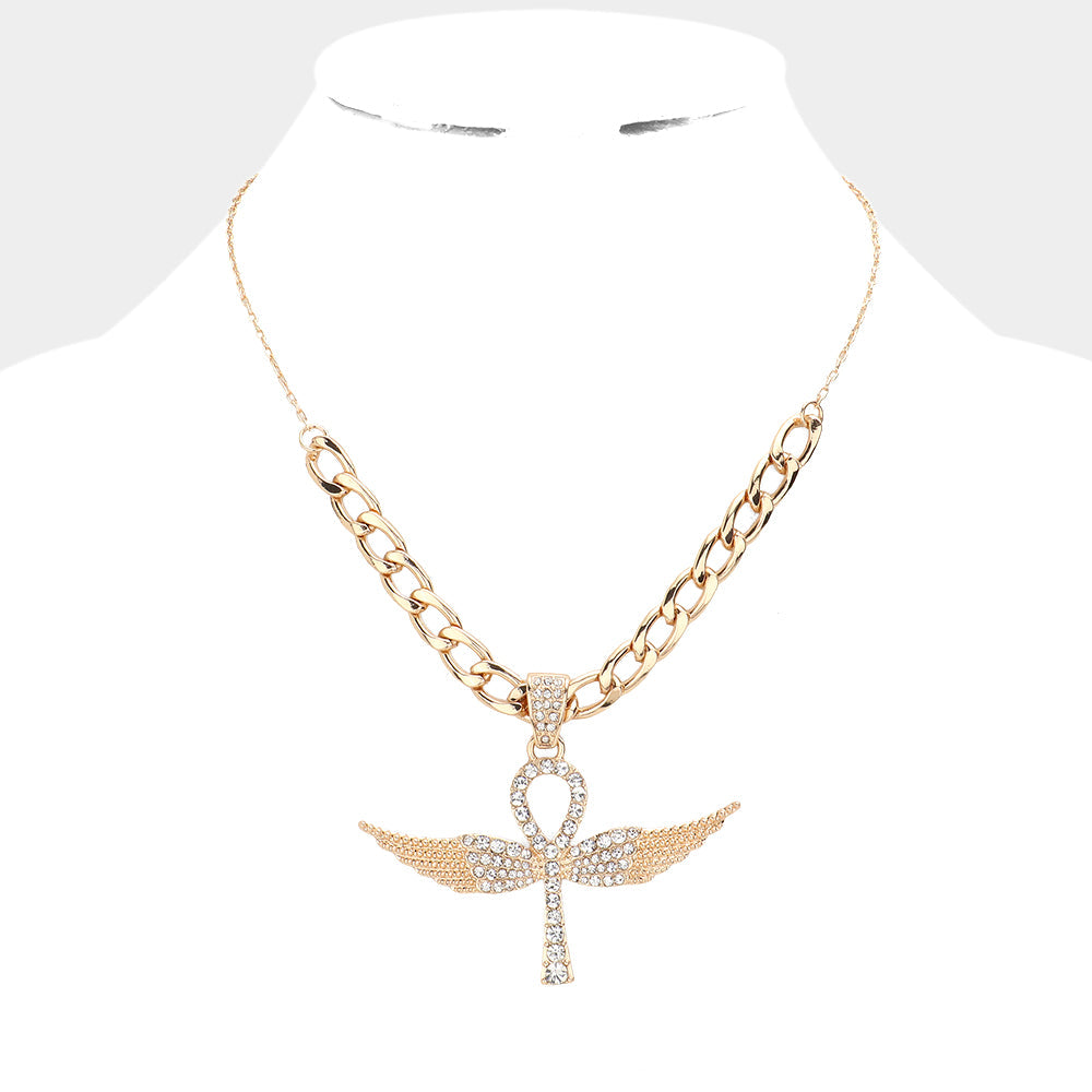 Madeline Love Gold Rhinestone Embellished Metal Angel Wing Key Pendant Chain Necklace - Necklaces