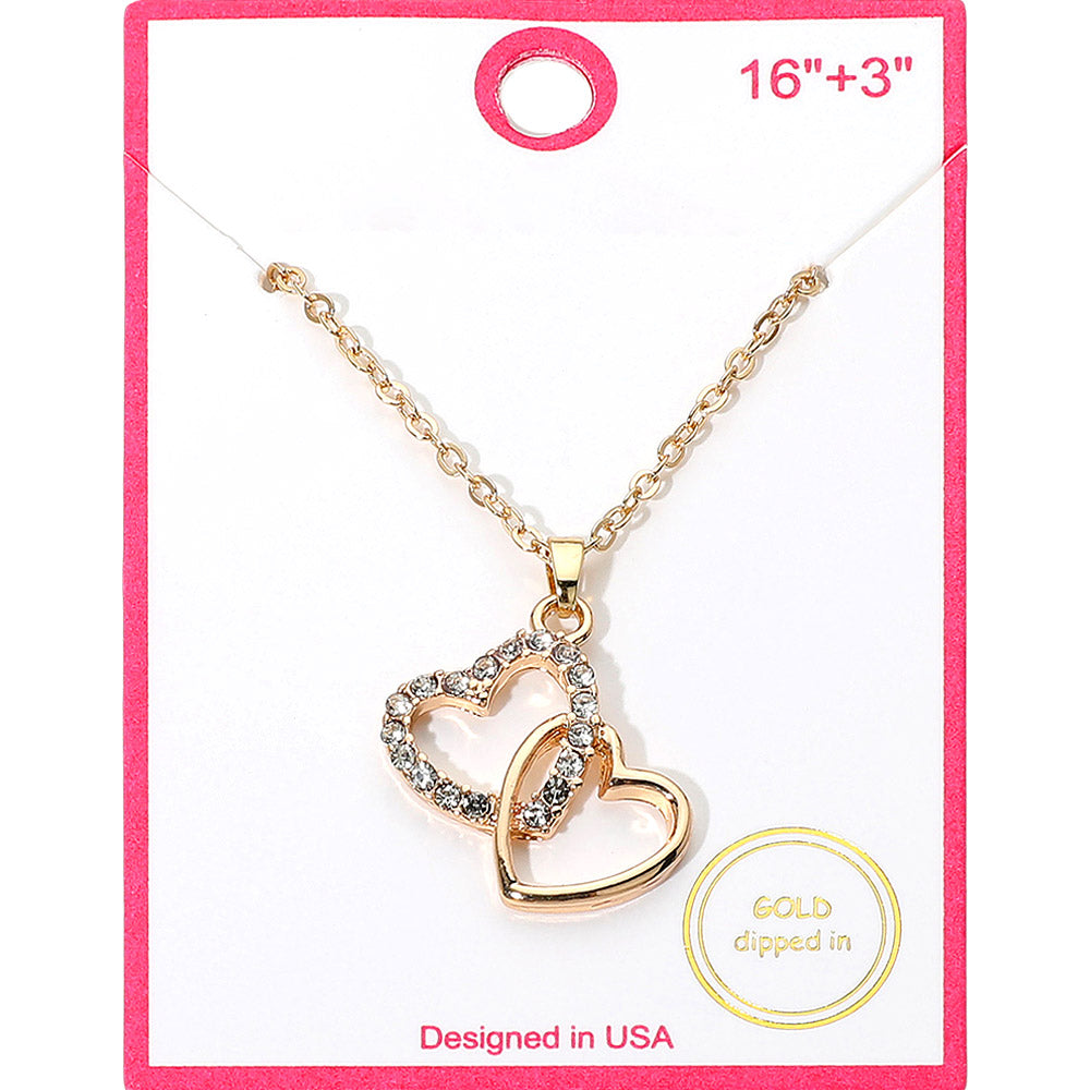 Madeline Love Clear, Gold Gold Dipped Rhinestone Paved Layered Double Heart Pendant Necklace - Jewelry