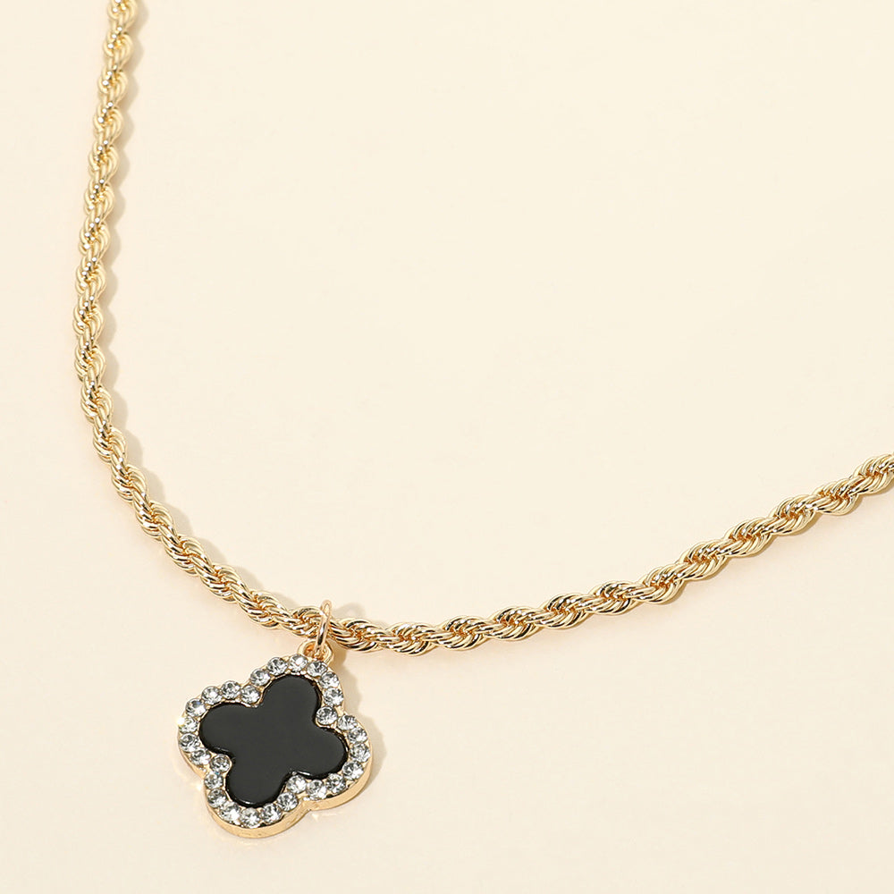 Madeline Love Black, Gold Gold Dipped Rhinestone Rim Quatrefoil Pendant Rope Chain Necklace