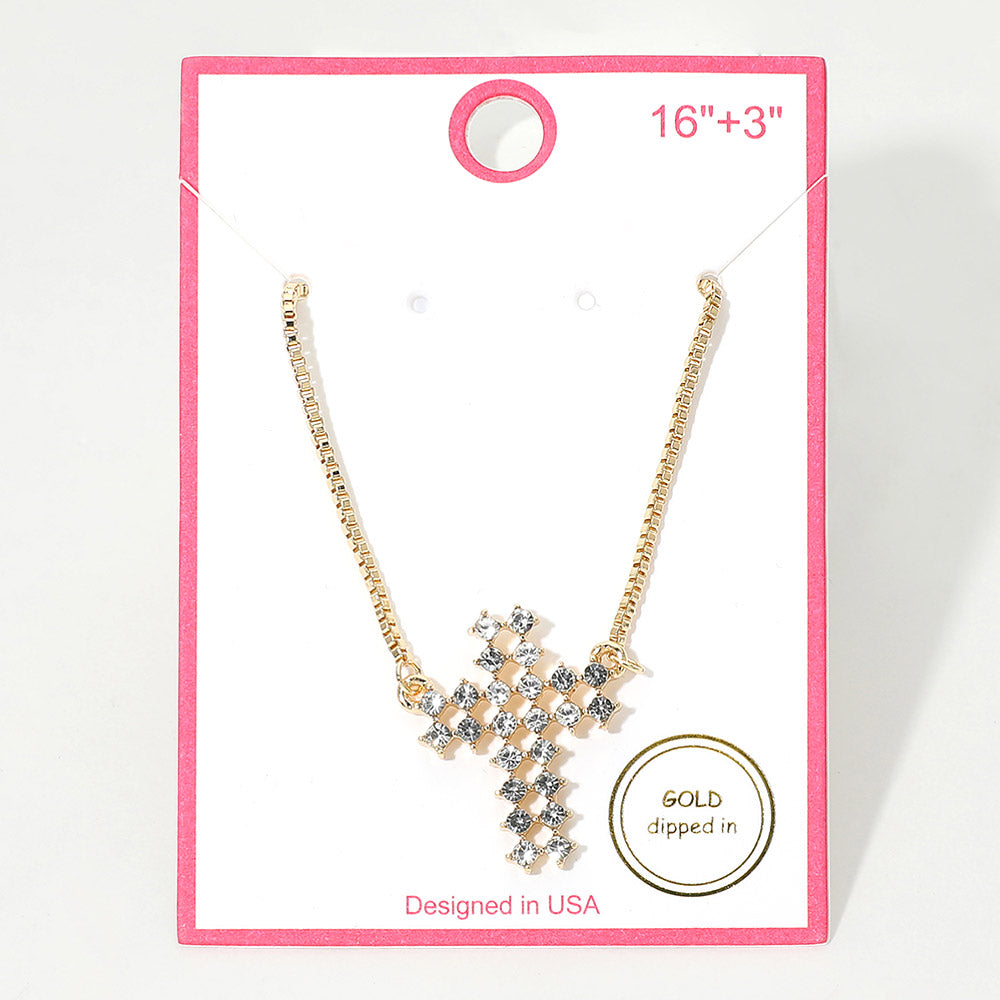Madeline Love Clear, Gold Gold Dipped Rhinestone Cross Pendant Necklace - Jewelry