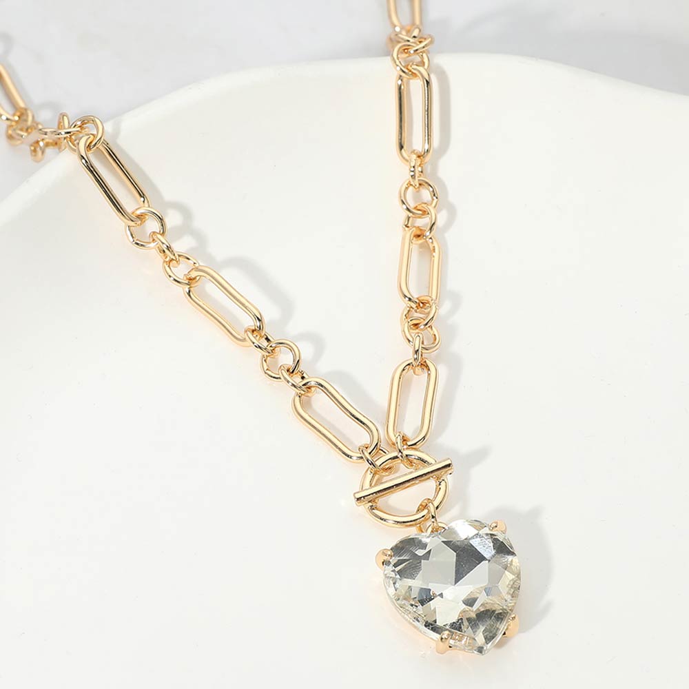 Madeline Love Clear, Gold Chunky Heart Stone Cluster Toggle Pendant Necklace - Necklaces