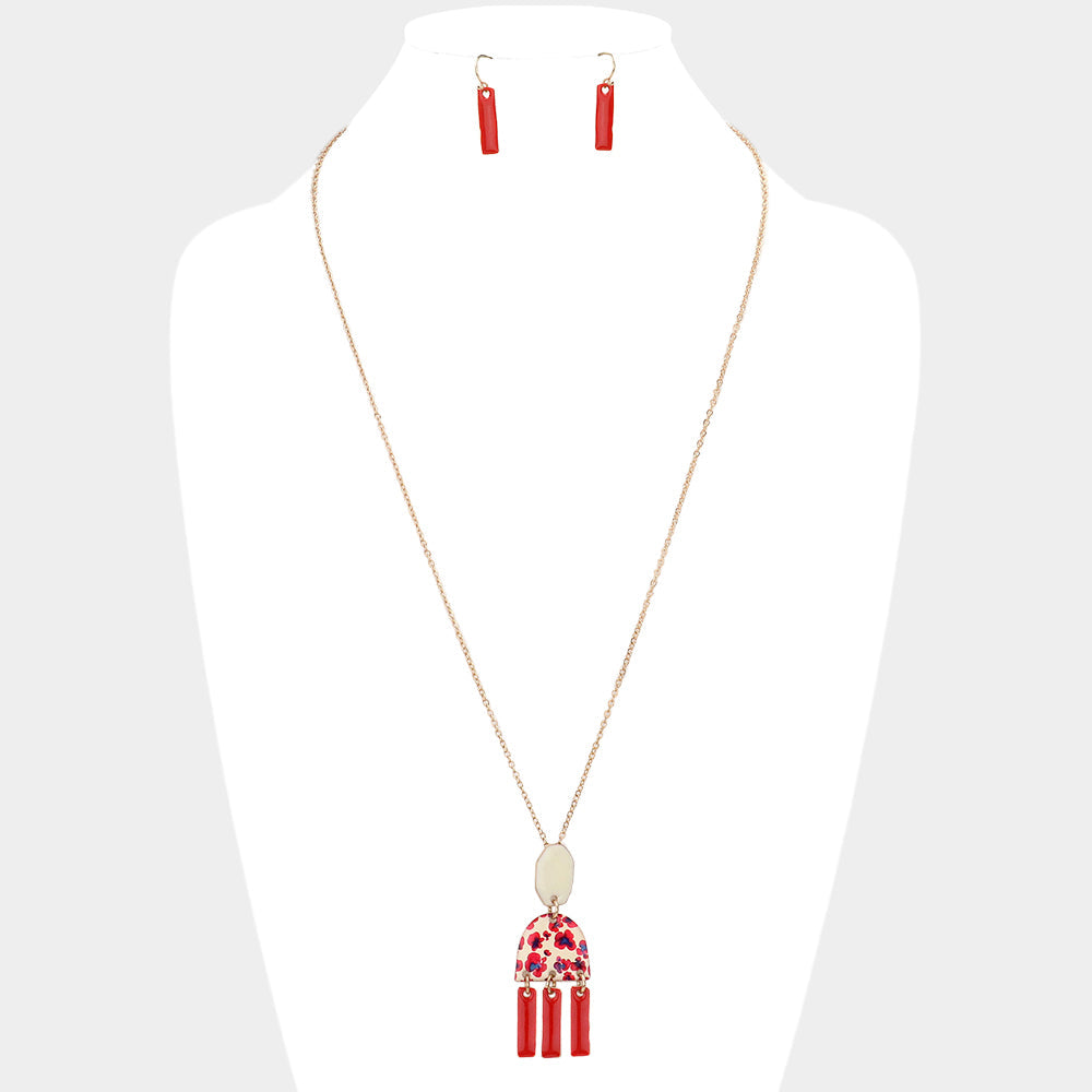 Madeline Love Gold, Ivory, Red Abstract Patterned Geometric Link Pendant Necklace - Necklaces