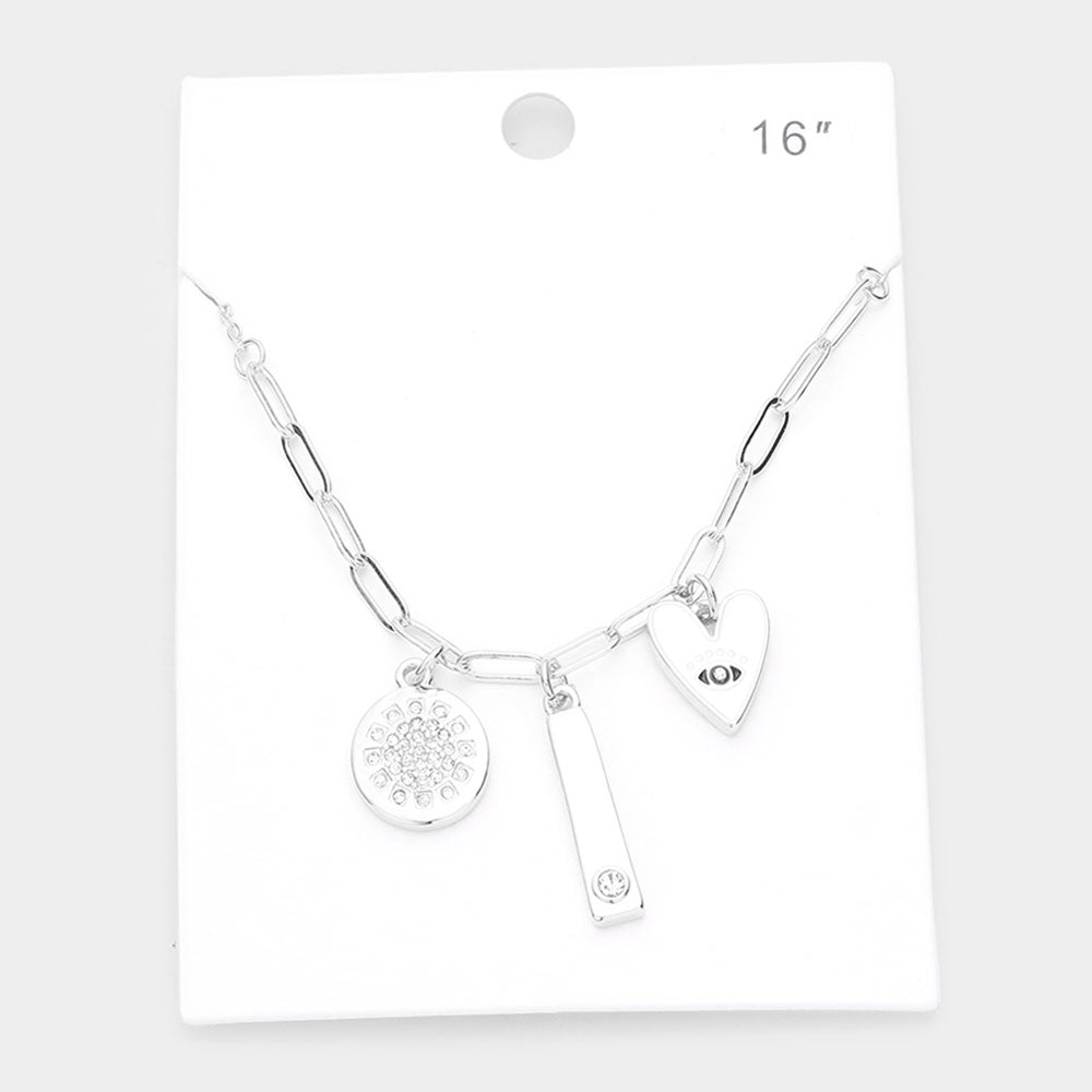 Madeline Love Rhodium Rhinestone Embellished Metal Round Rectangle Evil Eye Accented Heart Pendant Necklace - Necklaces