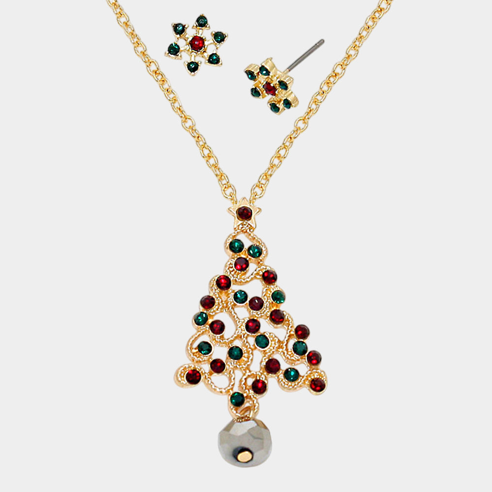 Madeline Love Gold, Siam, Emerald Crystal Christmas Tree Pendant Necklace with Snow Flake Earrings - Jewelry