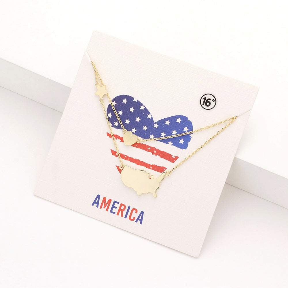 Madeline Love Gold Metal American USA Flag United State Map Star Heart Pendant Double Layered Necklace - Necklaces