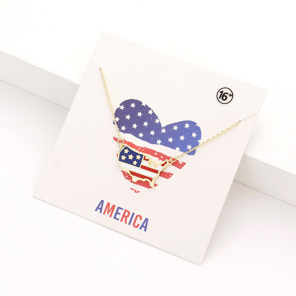 Madeline Love Gold, Multi American USA Flag Printed United State Map Pendant Necklace - Necklaces