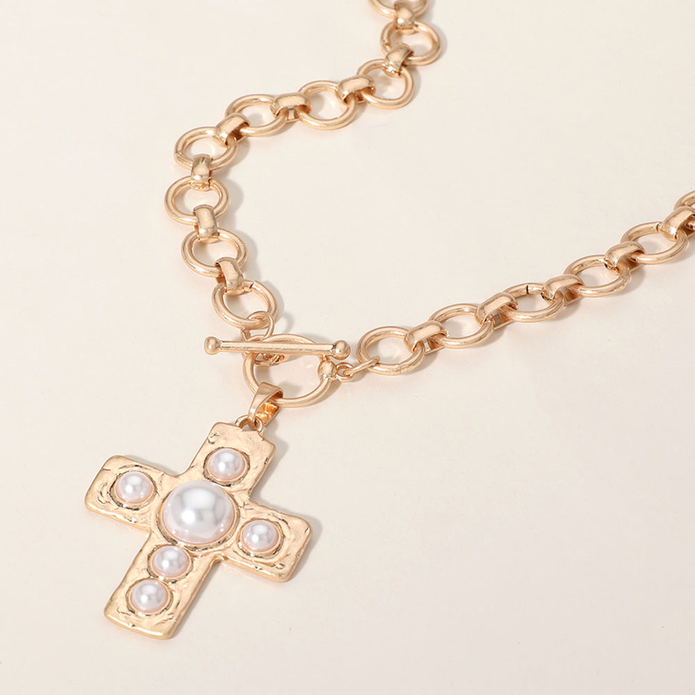 Madeline Love Cream Pearl Cross Pendant Chunky Chain Necklace