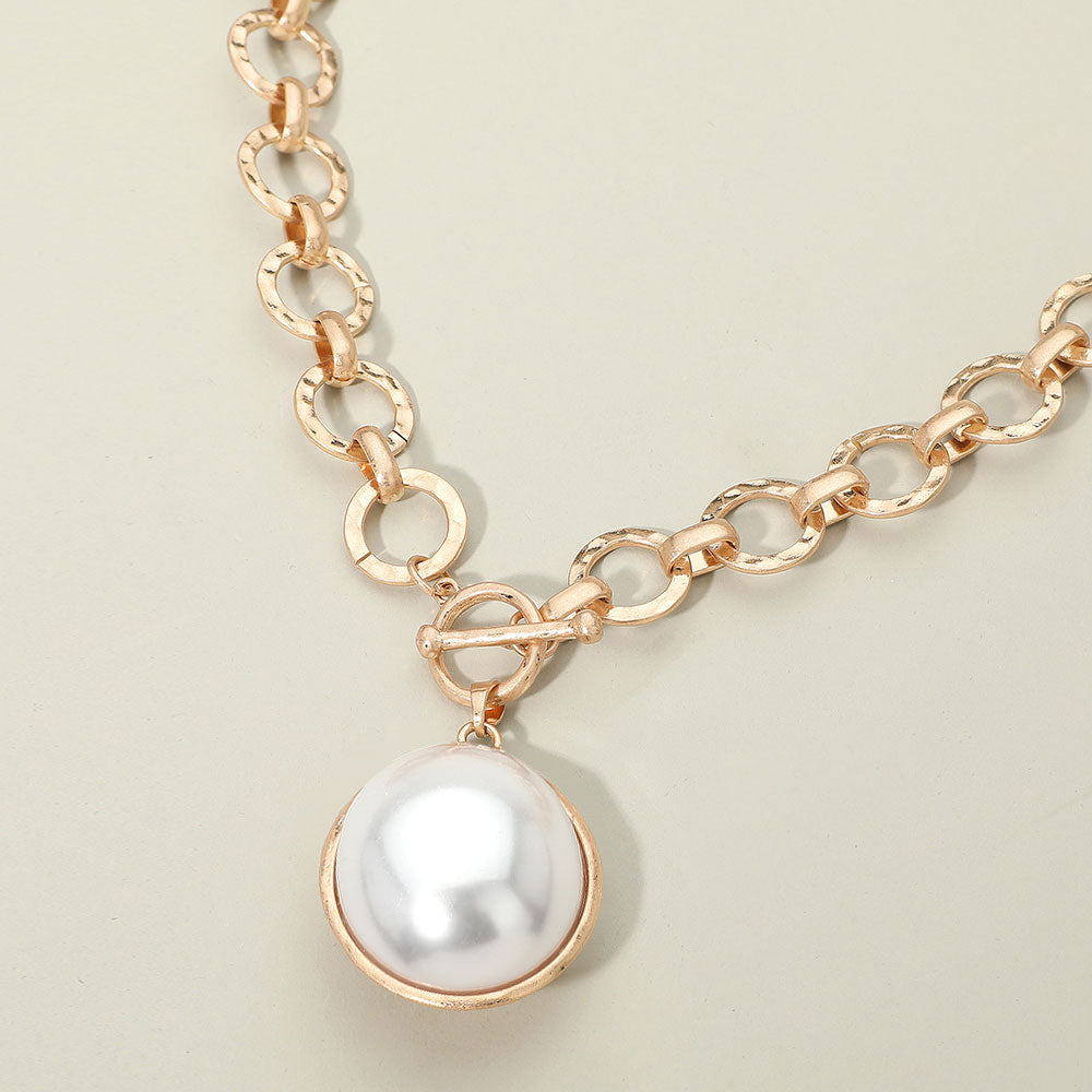 Madeline Love Cream Bold Oval Pearl Pendant Brushed Metal Chunky Chain Toggle Necklace - Jewelry