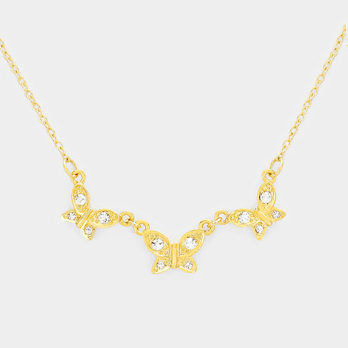 Madeline Love Clear, Gold Rhinestone Triple Butterfly Pendant Necklace - Jewelry