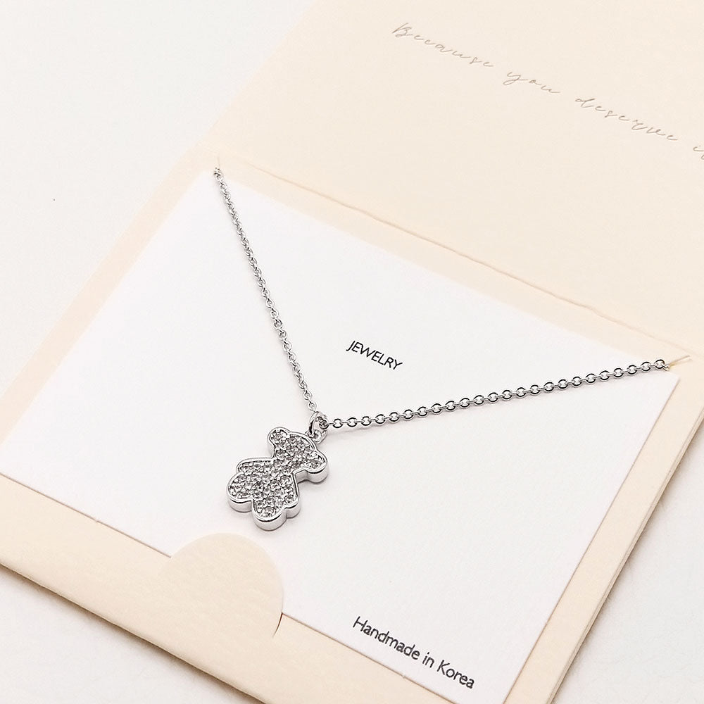 Madeline Love Silver CZ Embellished Metal Bear Pendant Necklace - Jewelry