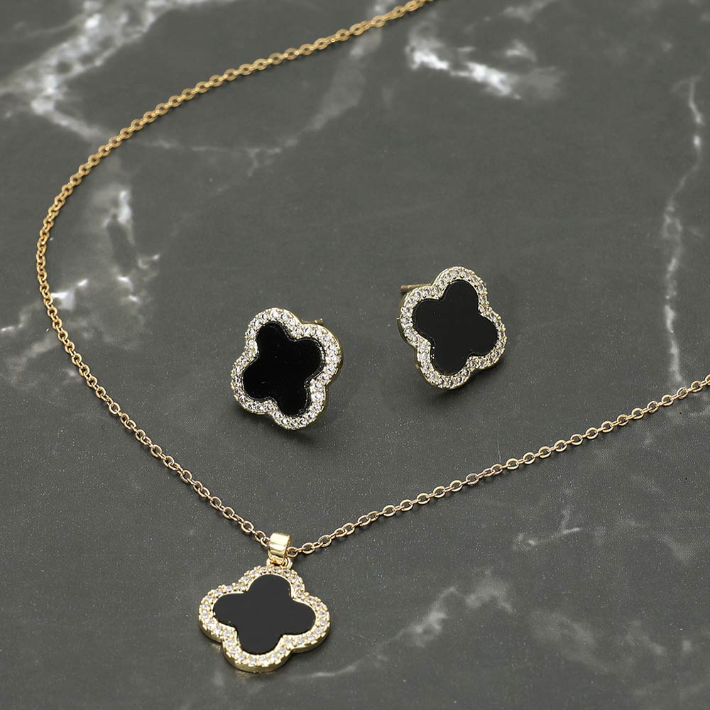 Madeline Love Black, Gold Stainless Steel Stone Rim Quatrefoil Pendant Necklace - Jewelry