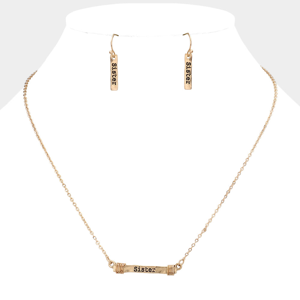 Madeline Love Worn Gold "SISTER" Irregular Horizontal Metal Bar Pendant Necklace - Necklaces