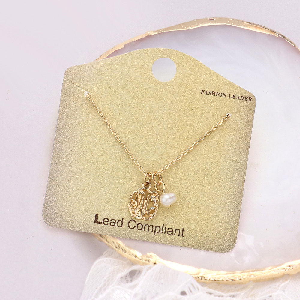 Madeline Love Gold -W- Initial Monogram Pearl Pendant Necklace - Jewelry