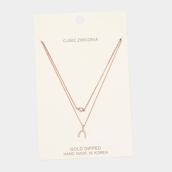 Madeline Love Clear, Rose Gold Gold Dipped Cubic Zirconia CZ Wishbone Pendant Necklace - Necklaces