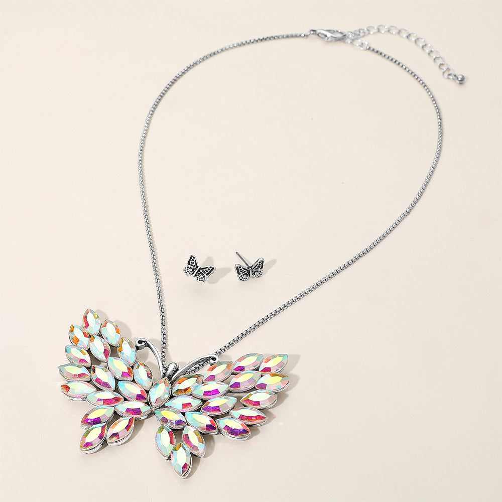 Madeline Love AB, Silver Burnished Iridescent Marquise Stone Cluster Butterfly Pendant Necklace - Jewelry