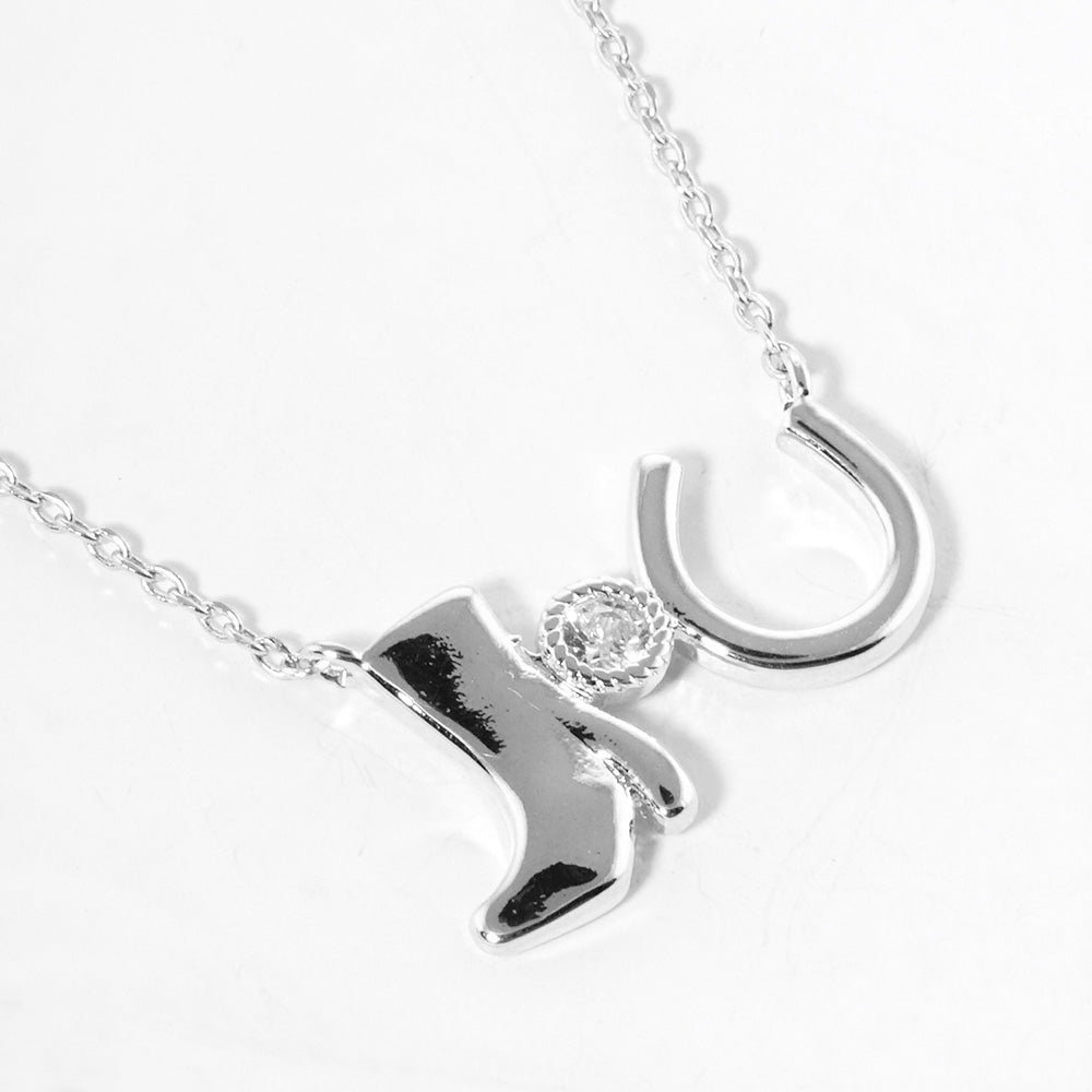Madeline Love Rhodium White Gold Dipped Western Boot Round Stone Horseshoe Pendant Necklace - Necklaces