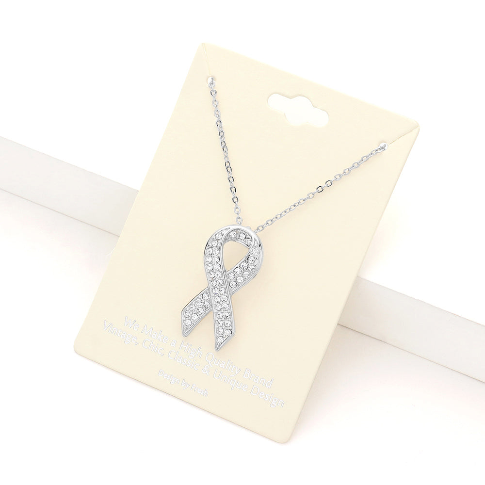 Madeline Love Rhodium Rhinestone Embellished Metal Pink Ribbon Pendant Necklace - Necklaces