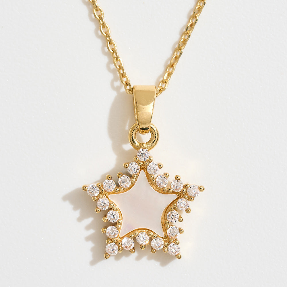 Madeline Love Gold 14K Gold Dipped CZ Stone Rim Mother of Pearl Star Pendant Necklace - Jewelry