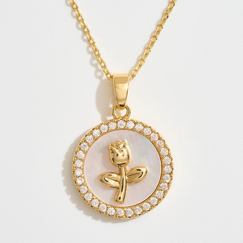 Madeline Love Gold 14K Gold Dipped CZ Stone Rim Flower Embossed Mother of Pearl Medallion Pendant Necklace - Jewelry