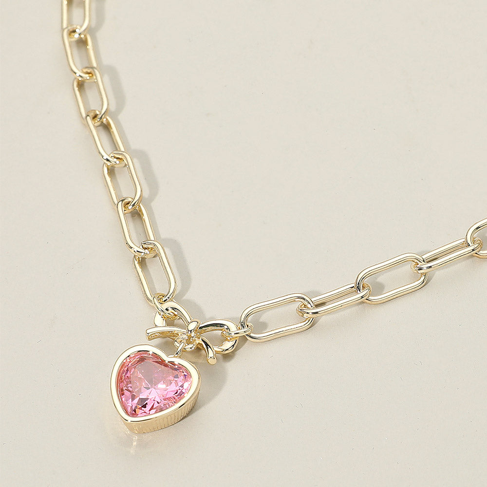 Madeline Love Gold, Rose 14K Gold Plated Bow Top Heart CZ Stone Bezel Pendant Necklace - Jewelry