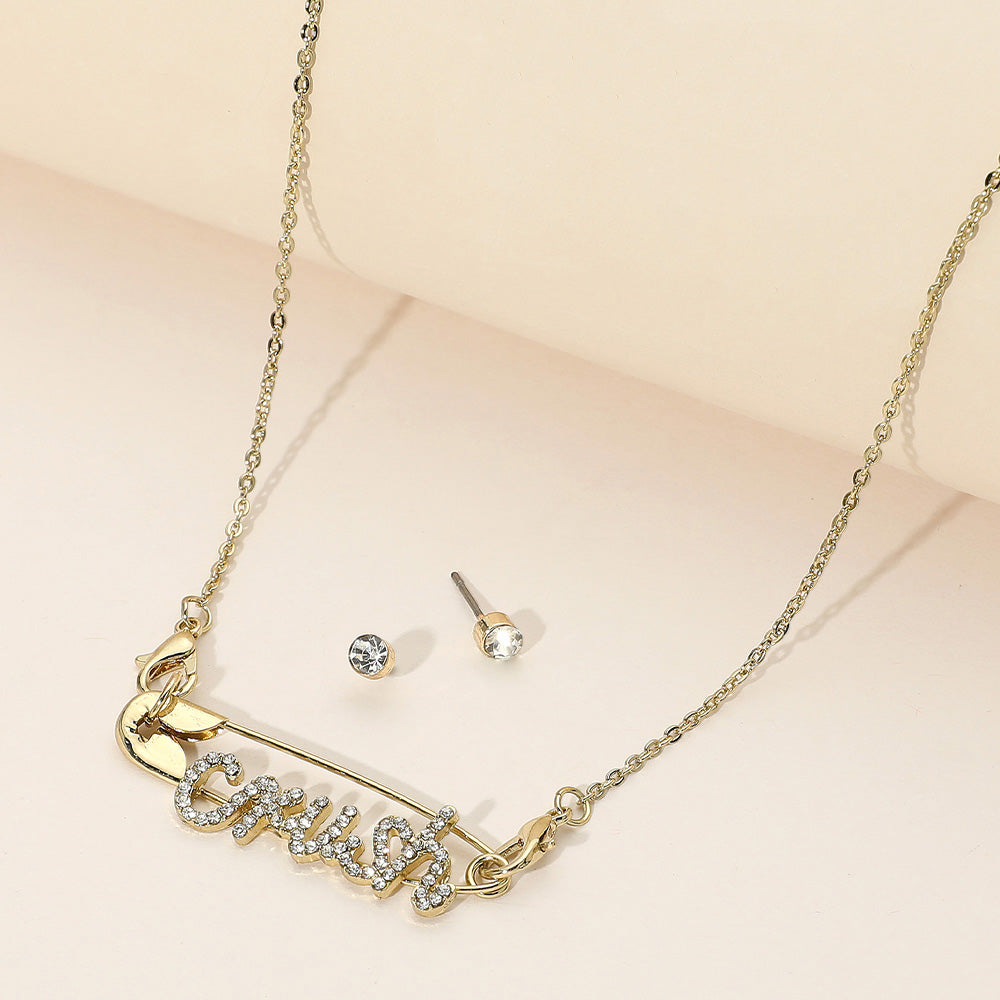 Madeline Love Clear, Gold Rhinestone Paved CRUSH Message Pointed Safety Pin Pendant Necklace - Necklaces