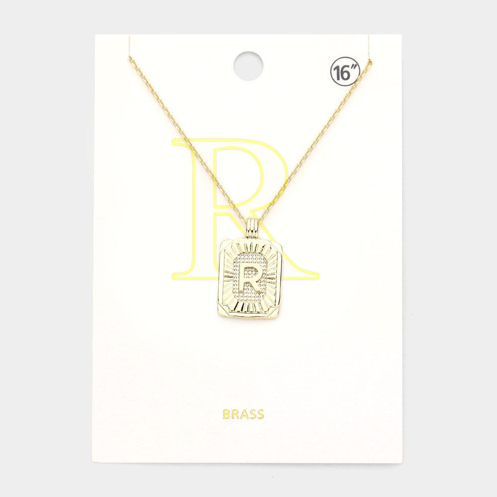 Madeline Love Gold -R- Brass Metal Rectangle Initial Monogram Pendant Necklace - Necklaces