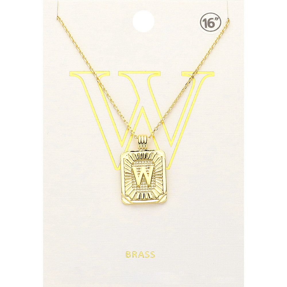 Madeline Love Gold -W- Brass Metal Rectangle Initial Monogram Pendant Necklace - Necklaces