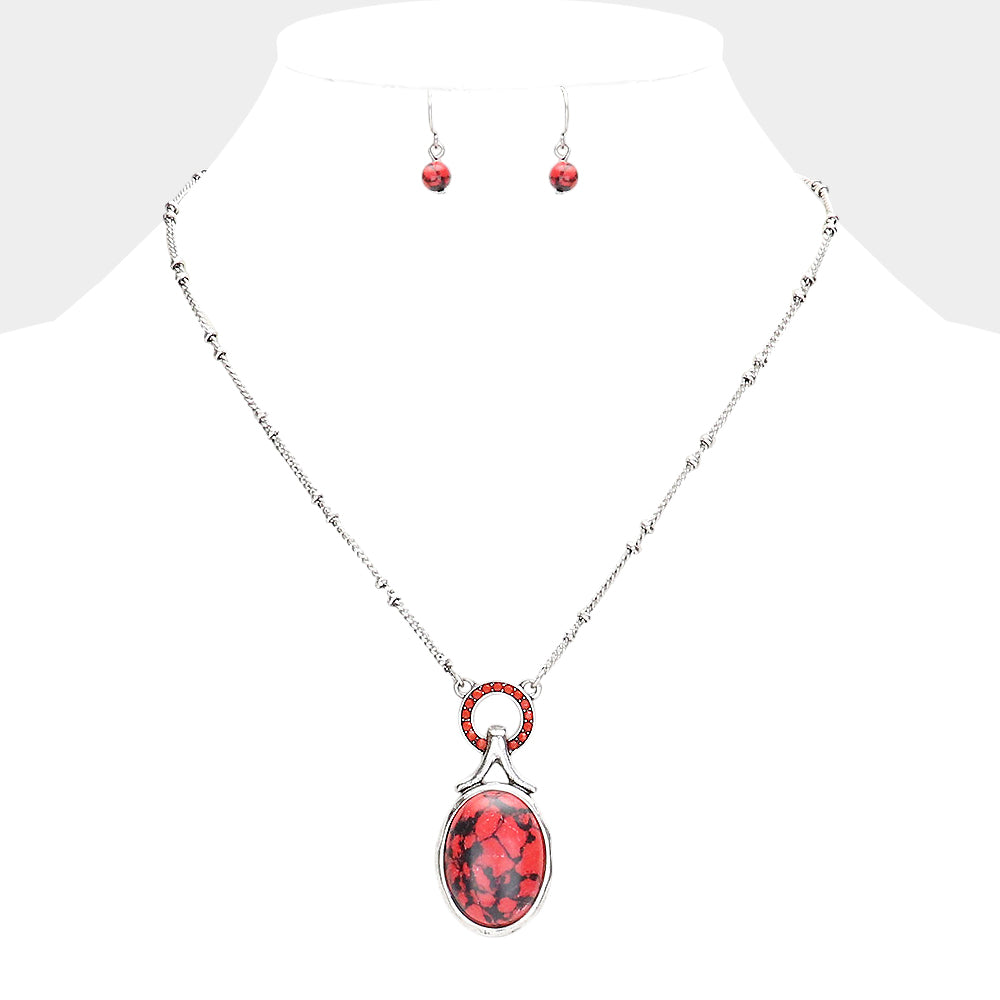Madeline Love Red Stone Embellished Open Circle Oval Natural Stone Pendant Necklace - Necklaces