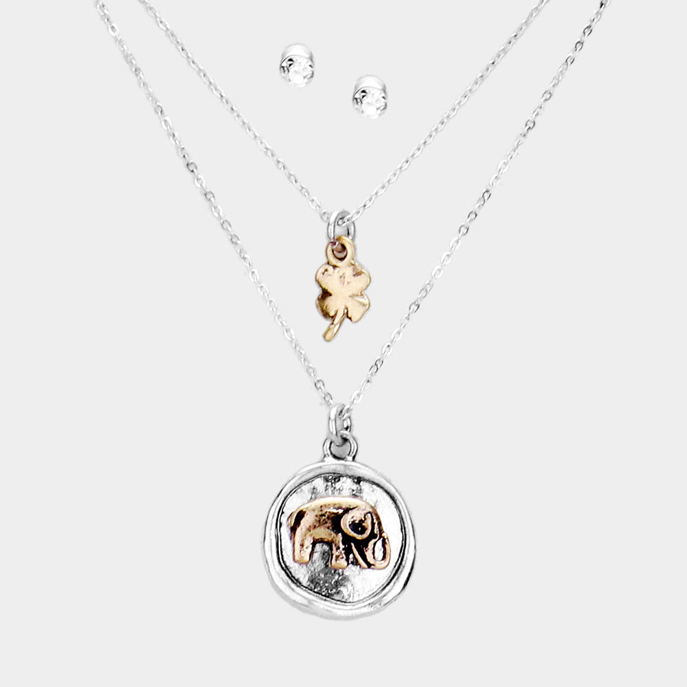 Madeline Love Gold Burnished, Silver Burnished Burnished Metal Elephant Clover Pendant Layered Necklace - Necklaces