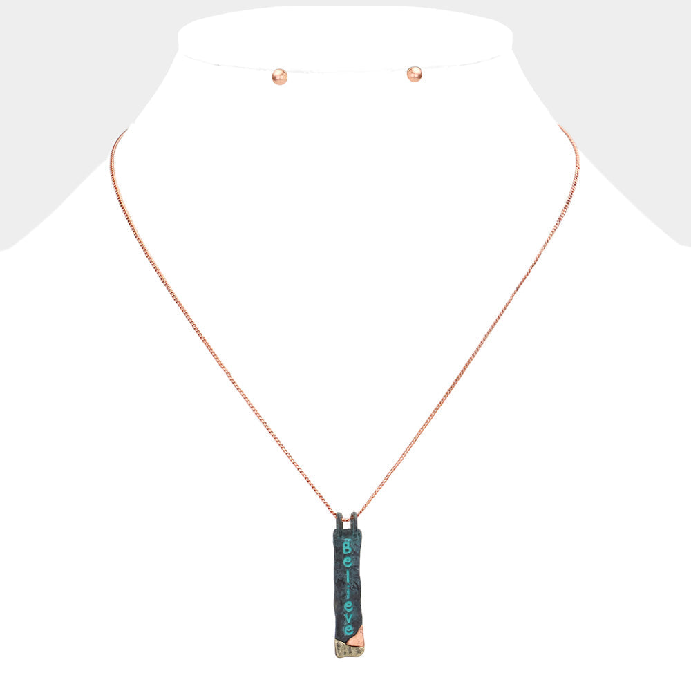 Madeline Love Multi, Patina Verdigris "Believe" Hammered Metal Bar Pendant Necklace - Necklaces