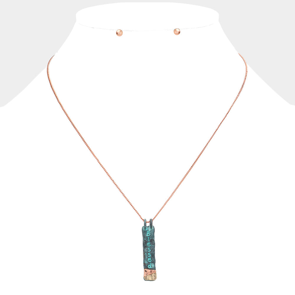Madeline Love Multi, Patina Verdigris "Blessed" Hammered Metal Bar Pendant Necklace - Necklaces