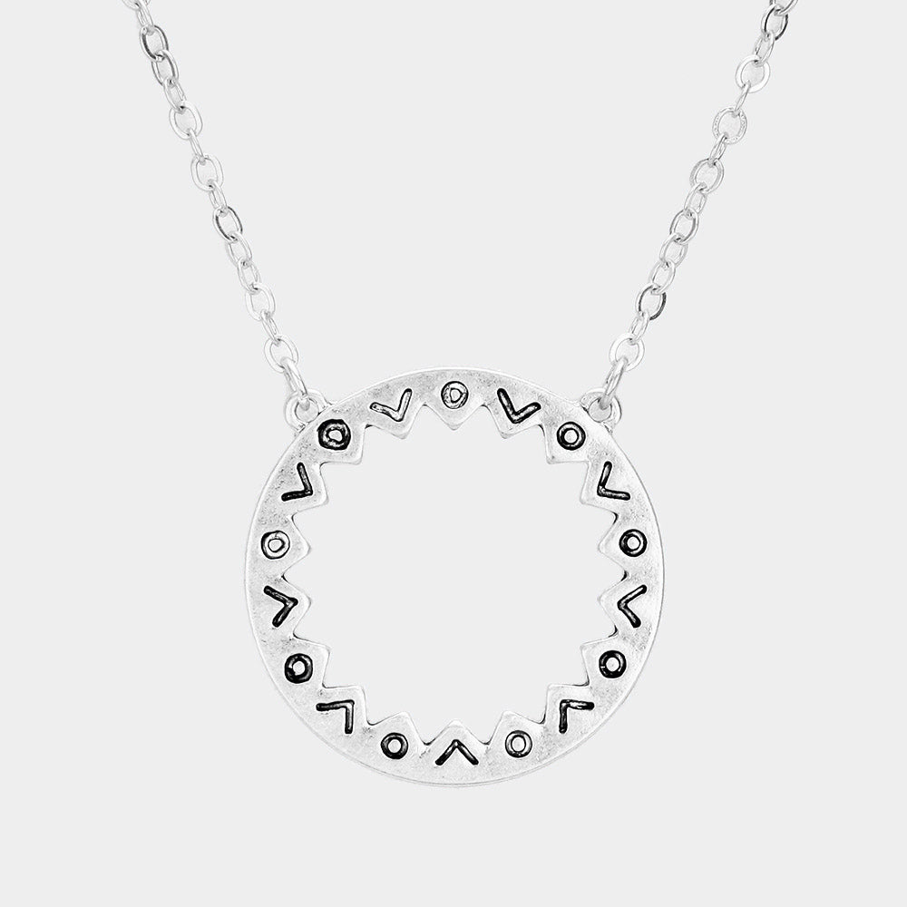 Madeline Love Worn Silver Antique Pattern Metal Open Circle Pendant Necklace - Necklaces
