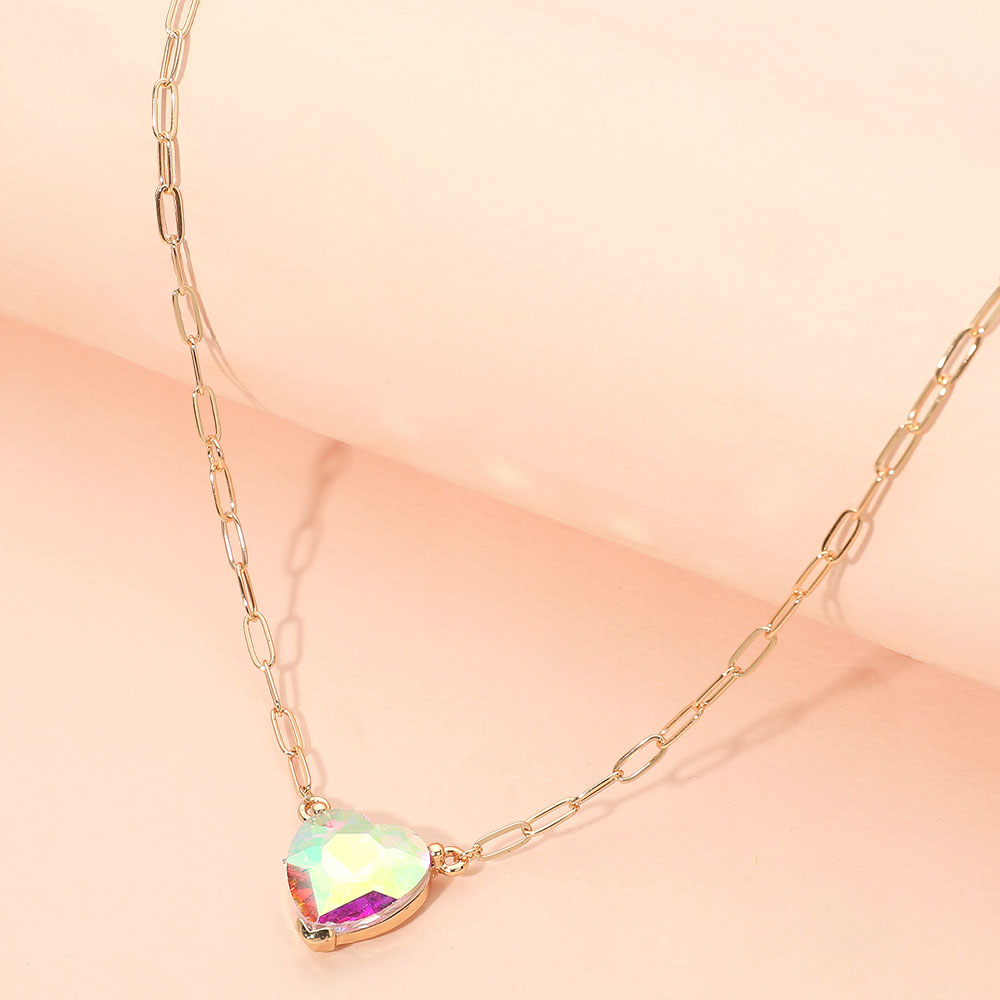 Madeline Love AB, Clear Heart Stone Pendant Paperclip Chain Necklace - Jewelry