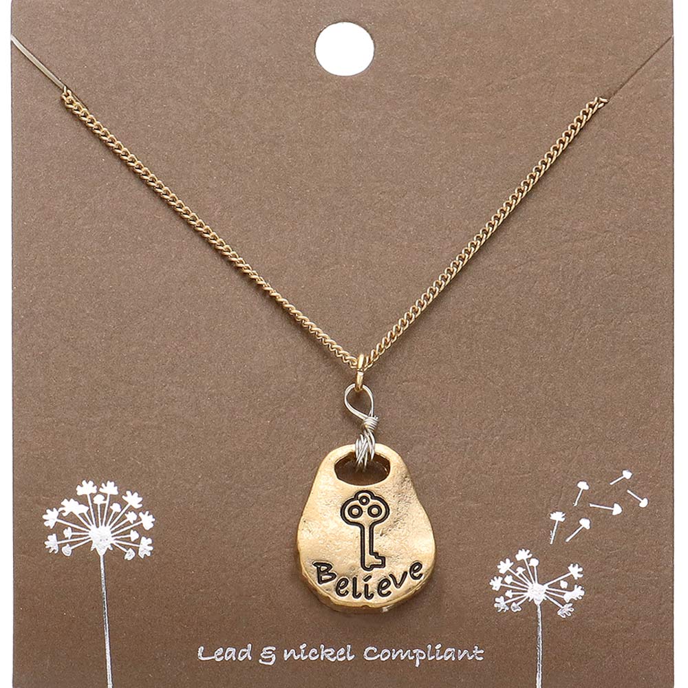 Madeline Love Worn Gold BELIEVE Message Key Engraved Pendant Necklace - Necklaces