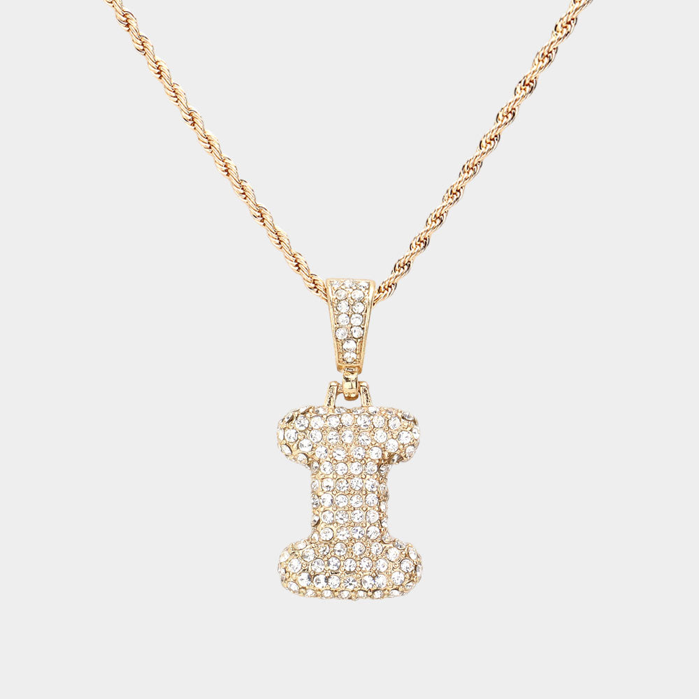 Madeline Love ~I~, Gold -I- Rhinestone Initial Monogram Pendant Brass Chain Necklace - Necklaces