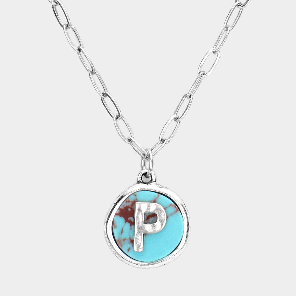 Madeline Love ~P~, Turquoise -P- Initial Monogram Turquoise Pendant Necklace - Necklaces
