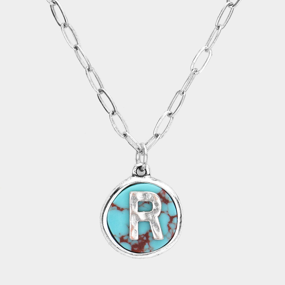 Madeline Love ~R~, Turquoise -R- Initial Monogram Turquoise Pendant Necklace - Necklaces