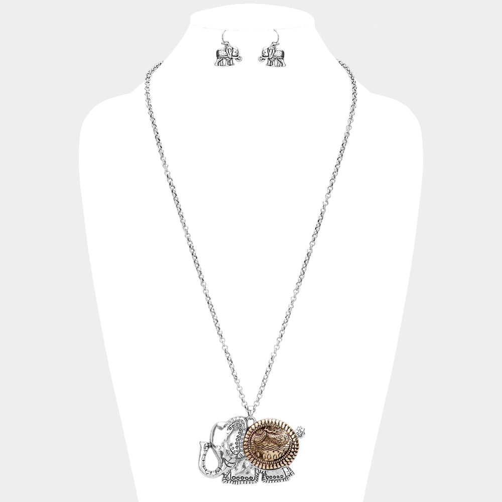 Madeline Love Rhodium Burnished Antique Pattern Elephant Pendant Necklace - Jewelry
