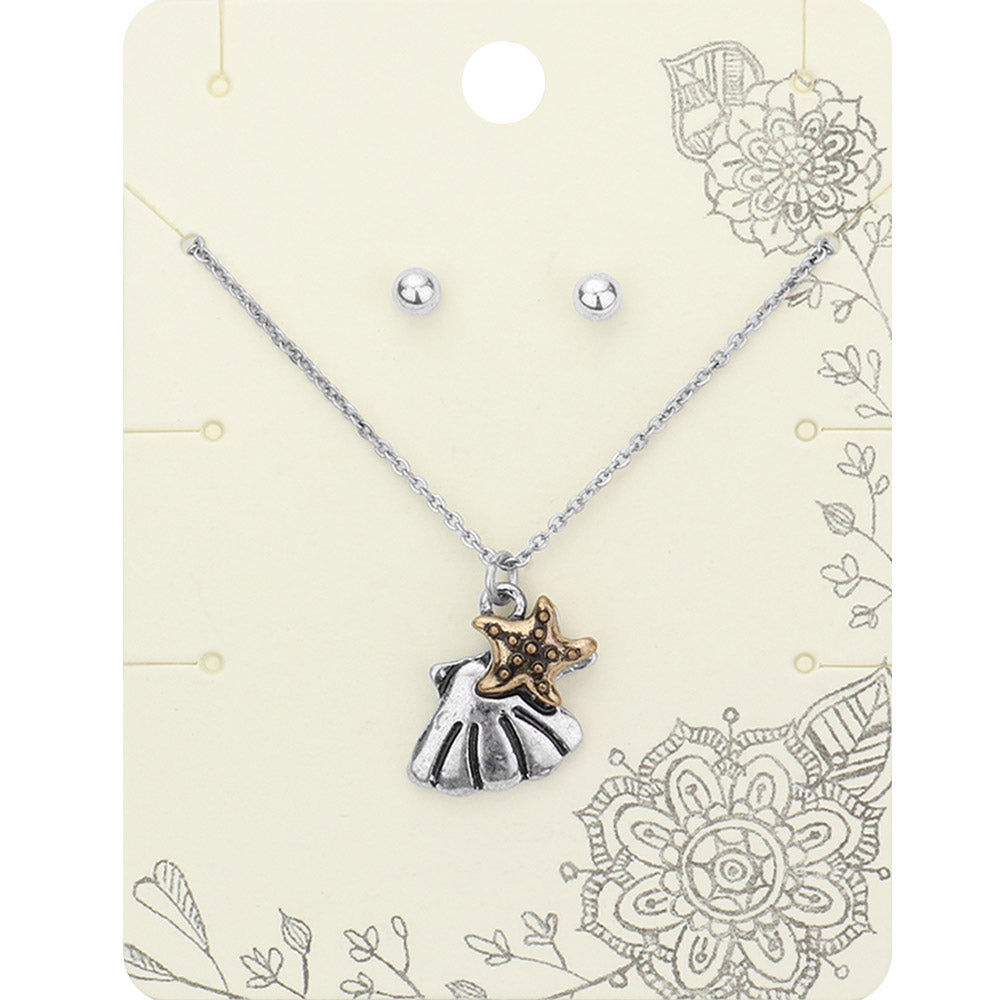 Gold Burnished, Silver Burnished, Two Tone Metal Shell Starfish Pendant Necklace