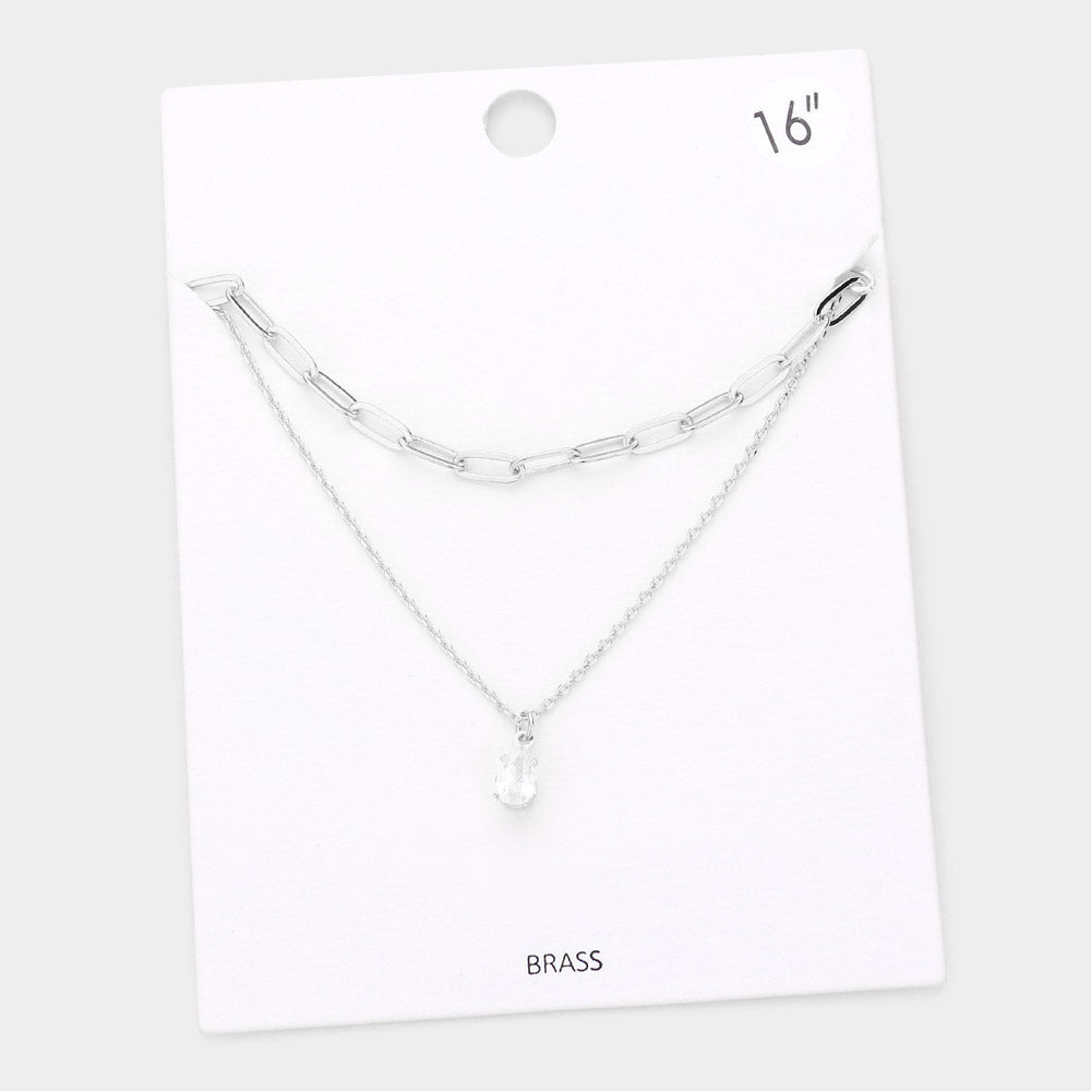 Madeline Love Rhodium Brass Metal Teardrop Stone Pendant Double Layered Necklace - Necklaces