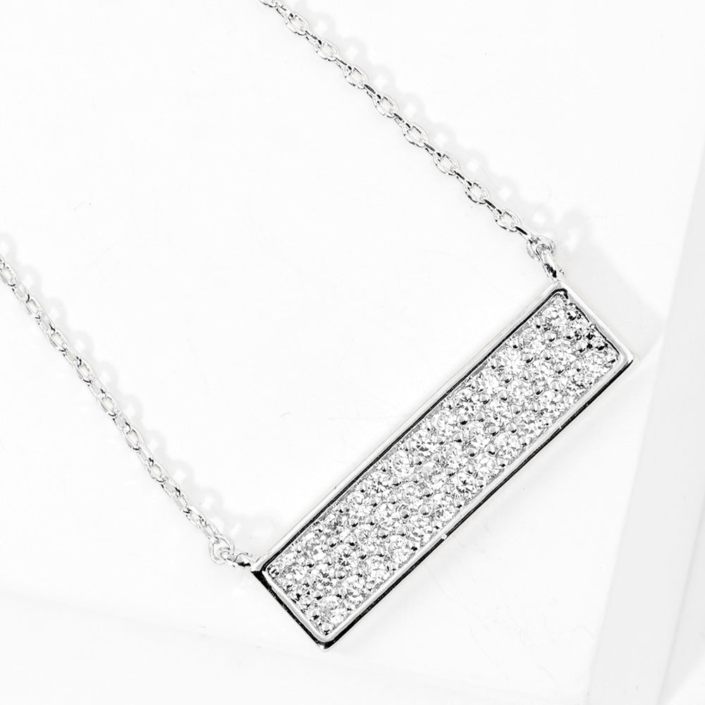 Madeline Love Clear, Rhodium White Gold Dipped CZ Paved Bar Pendant Necklace - Jewelry